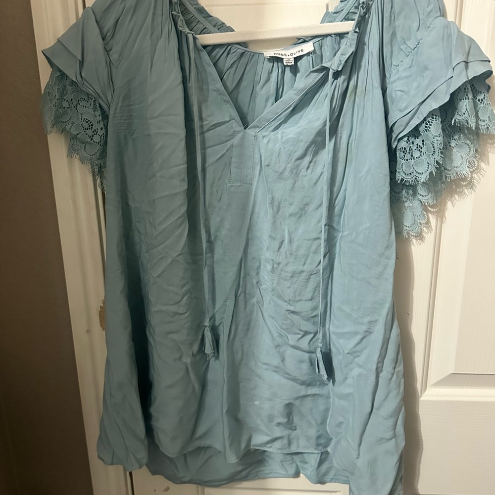 Rose & Olive Light Blue Blouse with Lace Sleeves